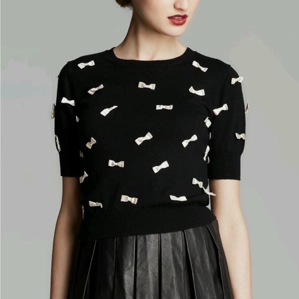 Alice + Olivia Black Knit Top with Cream Details